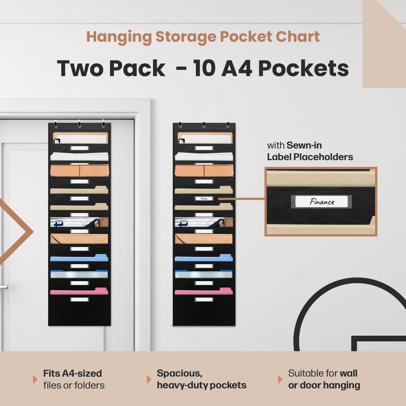Hippo Creation Storage Pocket Chart for Classroom, 10 Pocket Storage Organizer with 6 Over-Door Hangers, Hanging Wall Organizer for File Folders, School Mailbox, Home Office Papers - Black, 2 Pack - Image 2